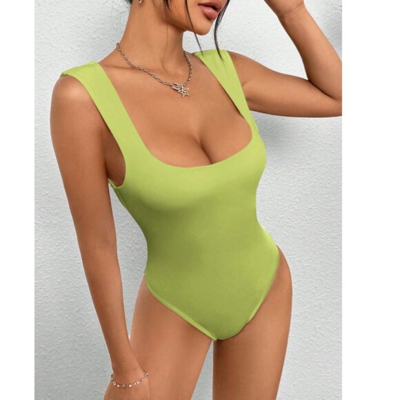 NWT Petite Solid Square Neck Tank Lime Green Bodysuit Size Large - Picture 6 of 8
